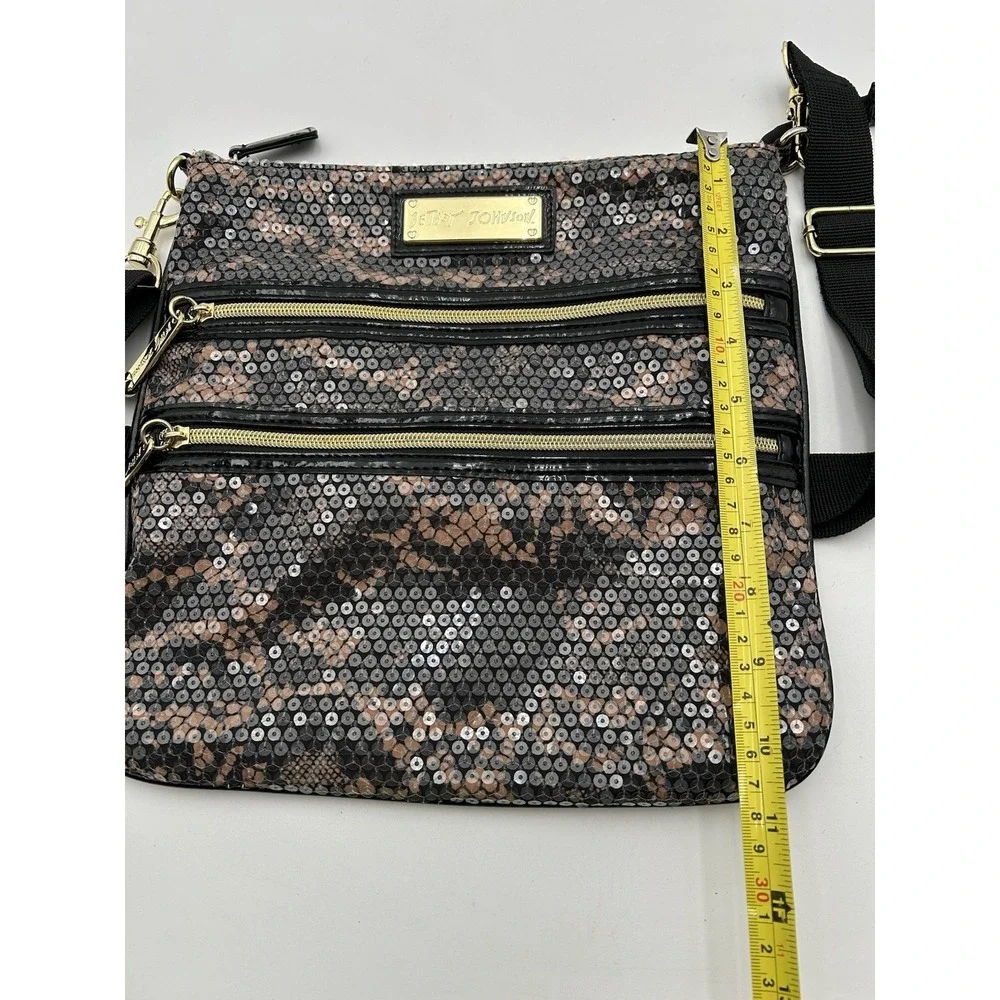 Betsey Johnson‎ Camo Sequin Crossbody Bag Double Zipper Black & Brown NWOT